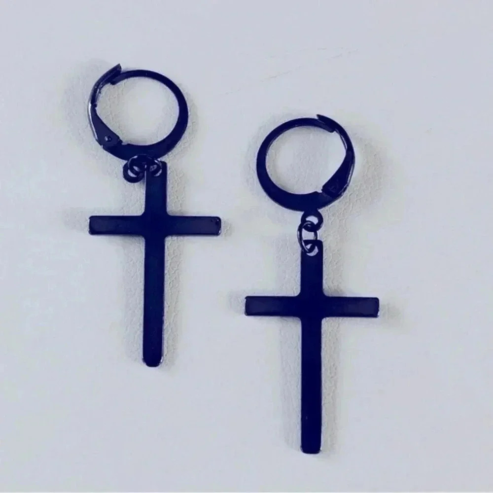 Black Christian Cross on Hoop Stainless Steel Earrings NWT